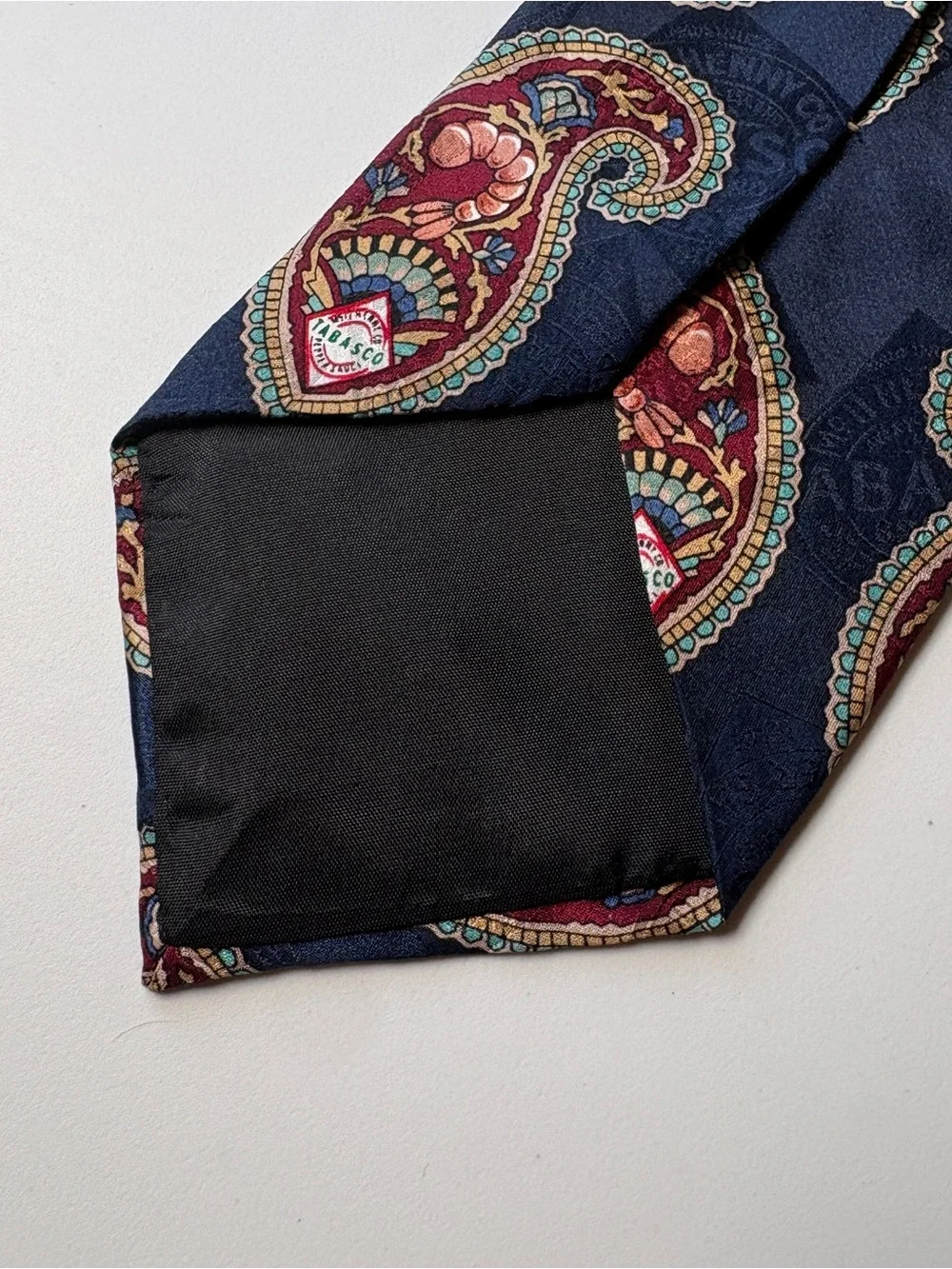 Vintage Tabasco Silk Tie Blue Paisley Shrimp Novelty Necktie Made in USA 3.75